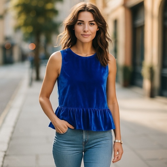 J. Crew Tops - J. Crew Sleeveless Velvet Scoop Neck Popover Tank Top Ruffled Hem Cobalt Blue 0